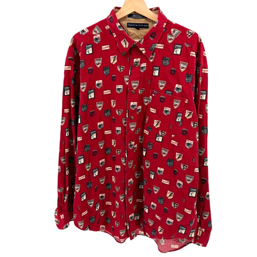Vintage 90s Tommy Hilfiger Red 100% Cotton AOP Ski Icons Button Down Shirt
